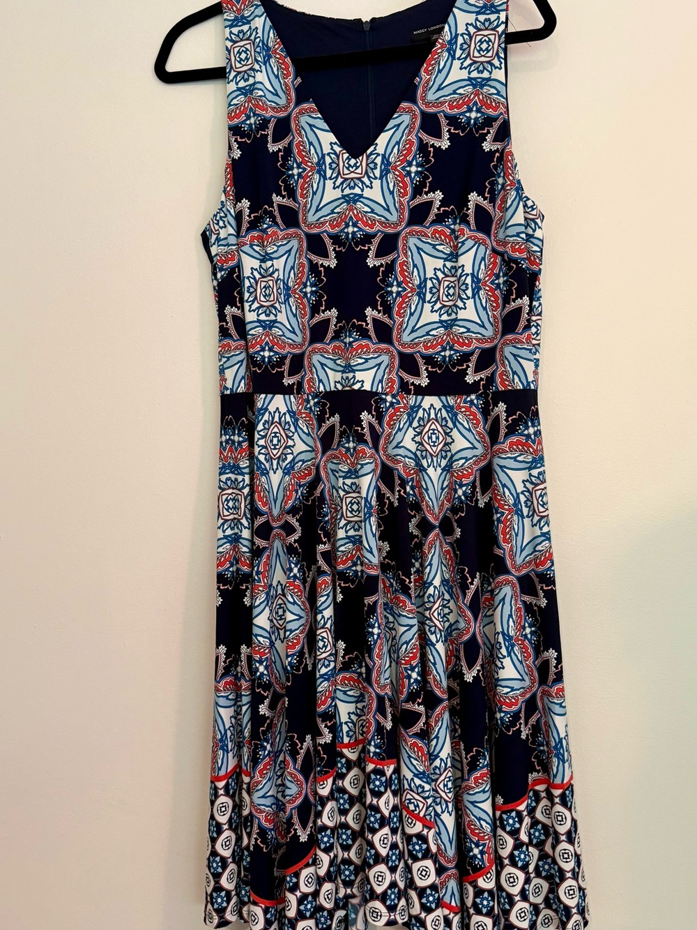 Maggy London Navy Blue Patterned Sleeveless Midi Dress Size 14